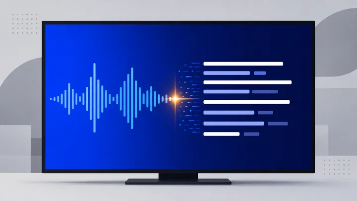 Ilustración abstracta de ondas de audio convirtiéndose en líneas de subtítulos dentro de una pantalla, en tonos cobalto con un acento ámbar.