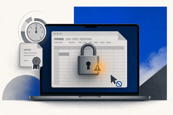 Una hoja de cálculo en un Mac con un candado encima y un certificado venciendo: el documento queda en solo lectura.