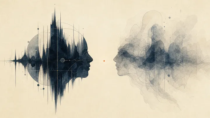 Ilustración editorial abstracta: dos perfiles formados por ondas de voz en tinta oscura se miran frente a frente; uno nítido y geométrico, el otro difuso como humo; entre ambos, un espacio vacío con un único punto ámbar.